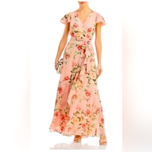 Eliza J Pink Floral Wrap Dress with Ruffle Sleeves Belted Chiffon Maxi size 8 - Picture 1 of 16